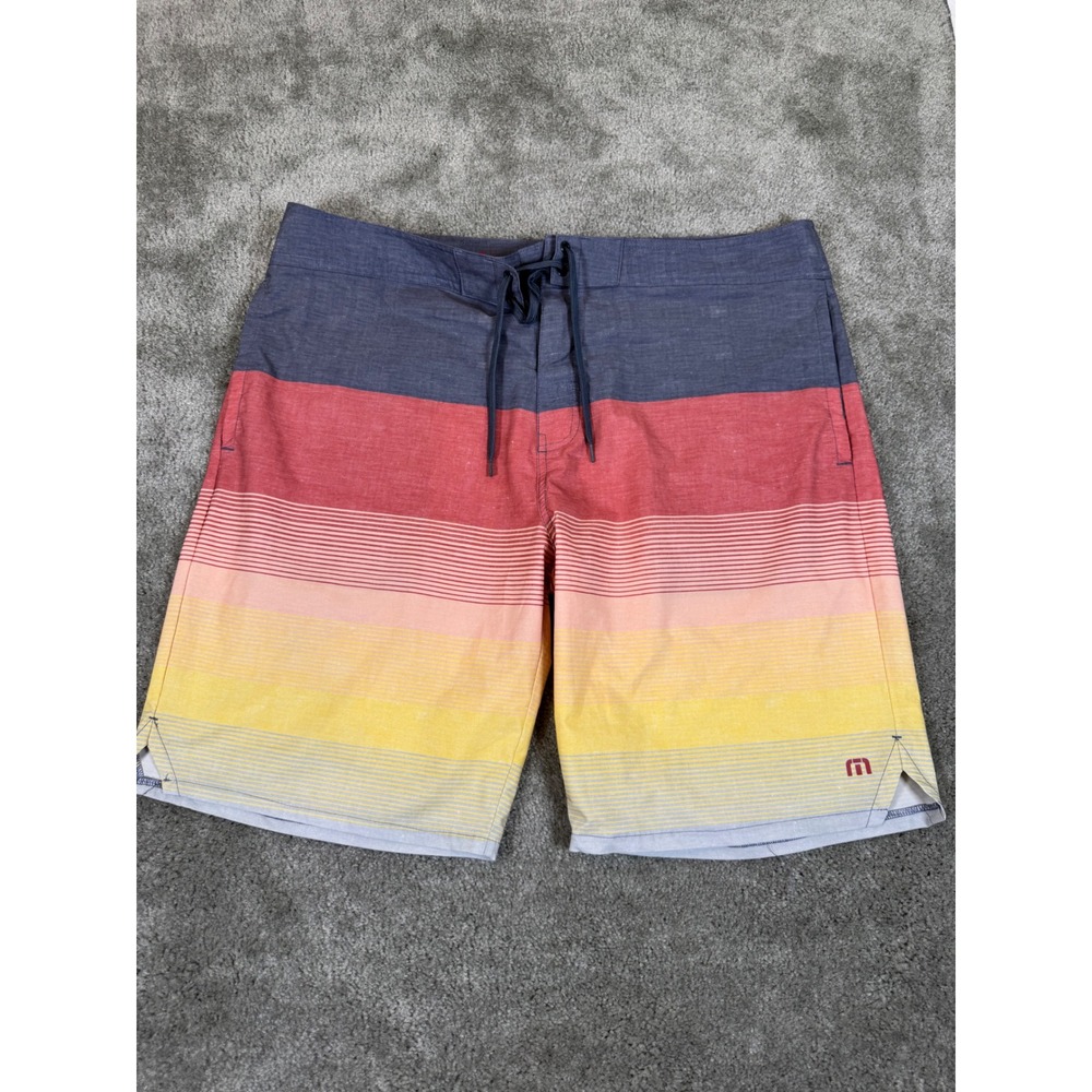 TravisMathew Mens Striped Board Shorts Blue Red Yellow Size 38 Swim Trunks